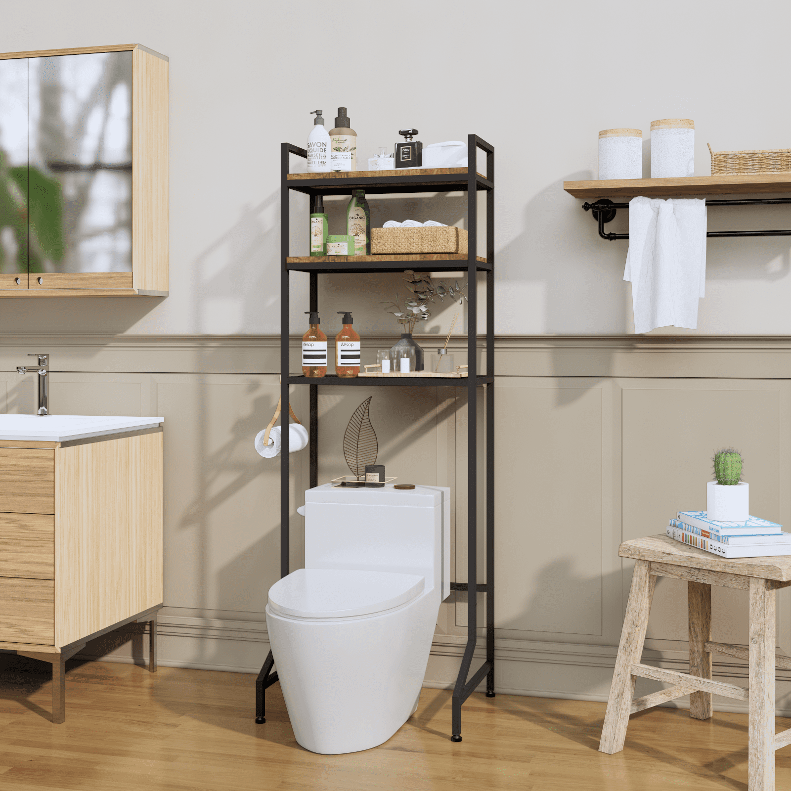 The Toilet Storage Rack 3-Tier Bathroom Organizer Shelf Toilet Multi-Functional Shelves Toilet Storage Rack Rustic Brown