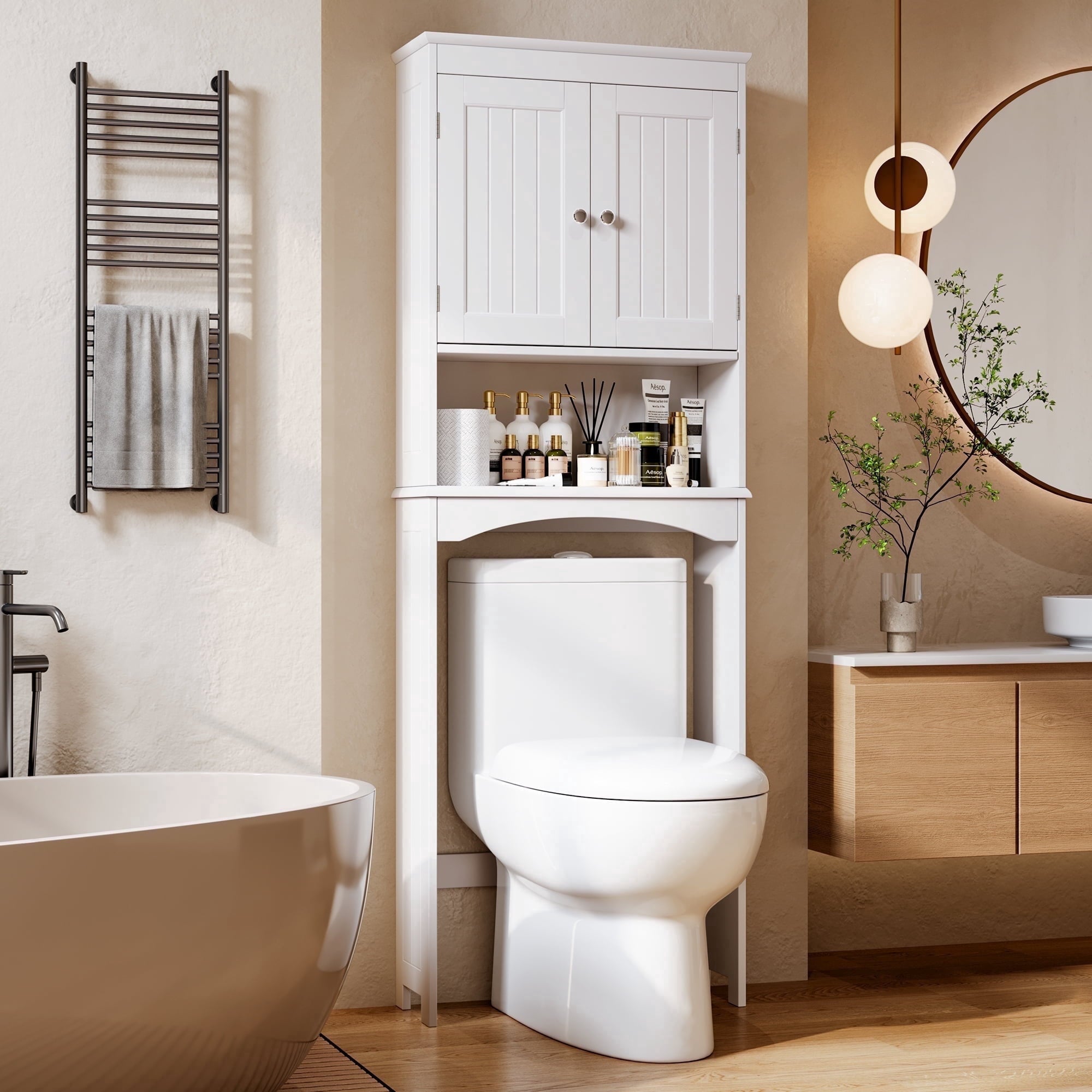 the Toilet Storage Cabinet, Bathroom Space Saver Organizer above Toilet with Adjustable Shelf & 2 Doors, White