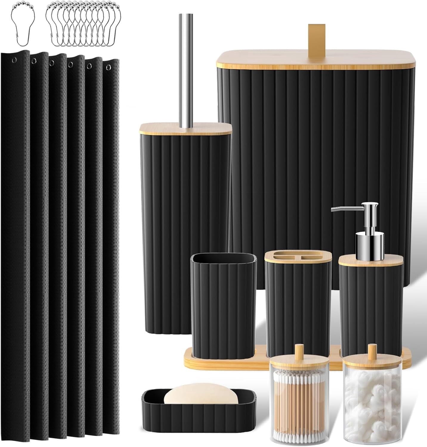 Bathroom Accessories Set-22 PCS Bathroom Set with Shower Curtain and Hooks, Toilet Brush, Trash Can & Soap Dish, Black