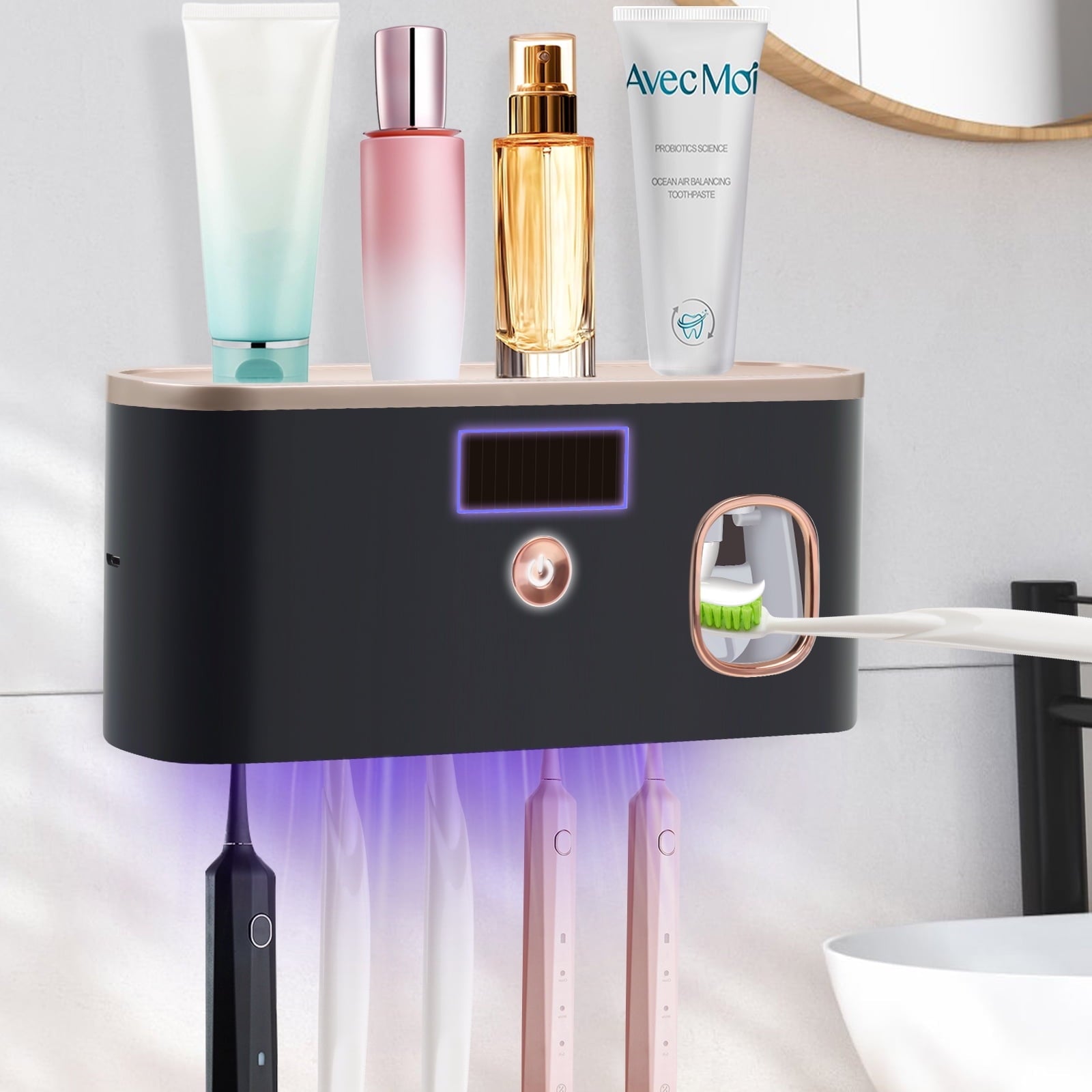 Holder for Bathrooms,5-Slot Wall Mount Timing Function Wall Mounted with Toothpaste Dispenser for Electric / Regular