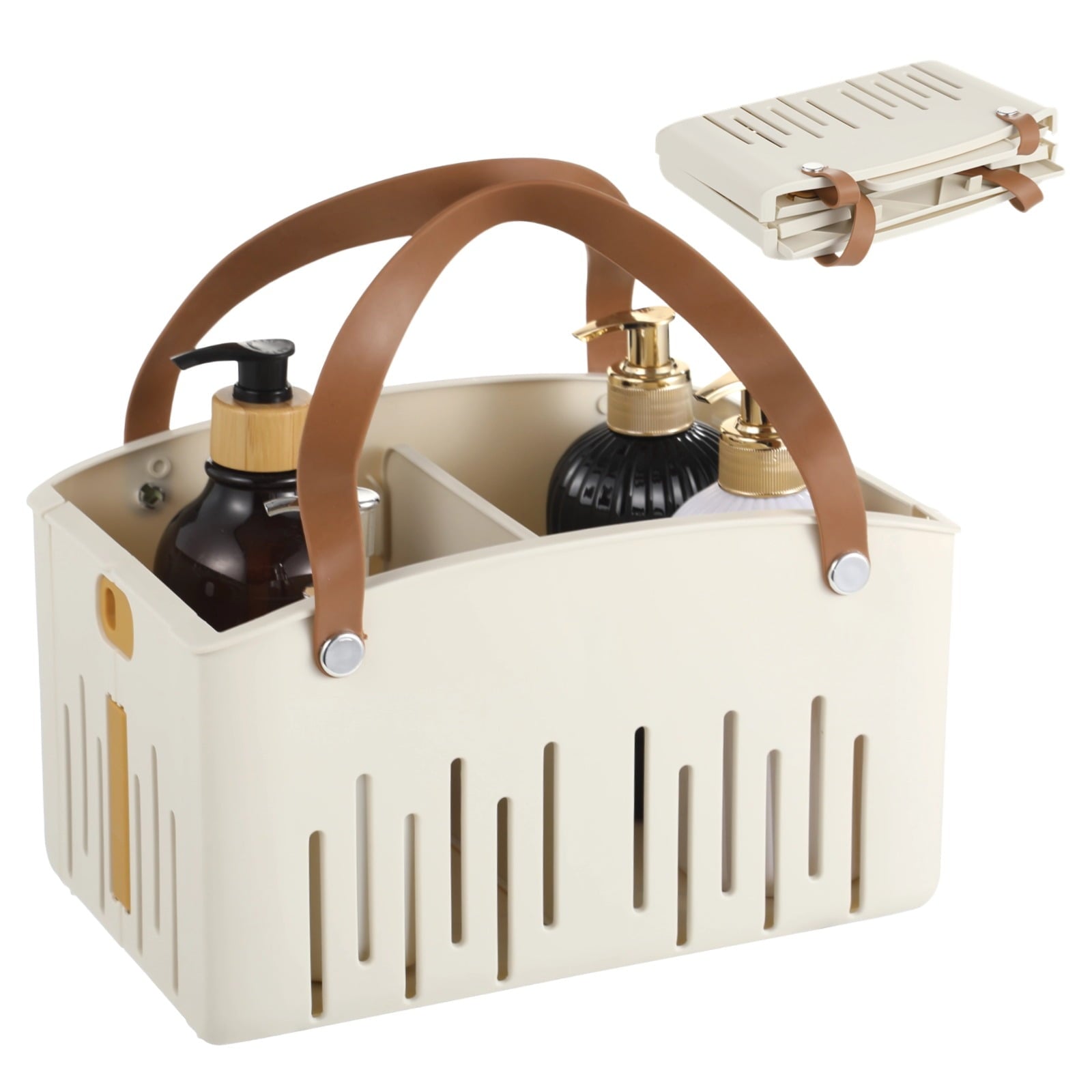 Portable Shower Caddy, Plastic Bath Basket Tote with Handle, 11 x 7.1 x 6.5 in, Collapsible Design, Cream Color, Bath...