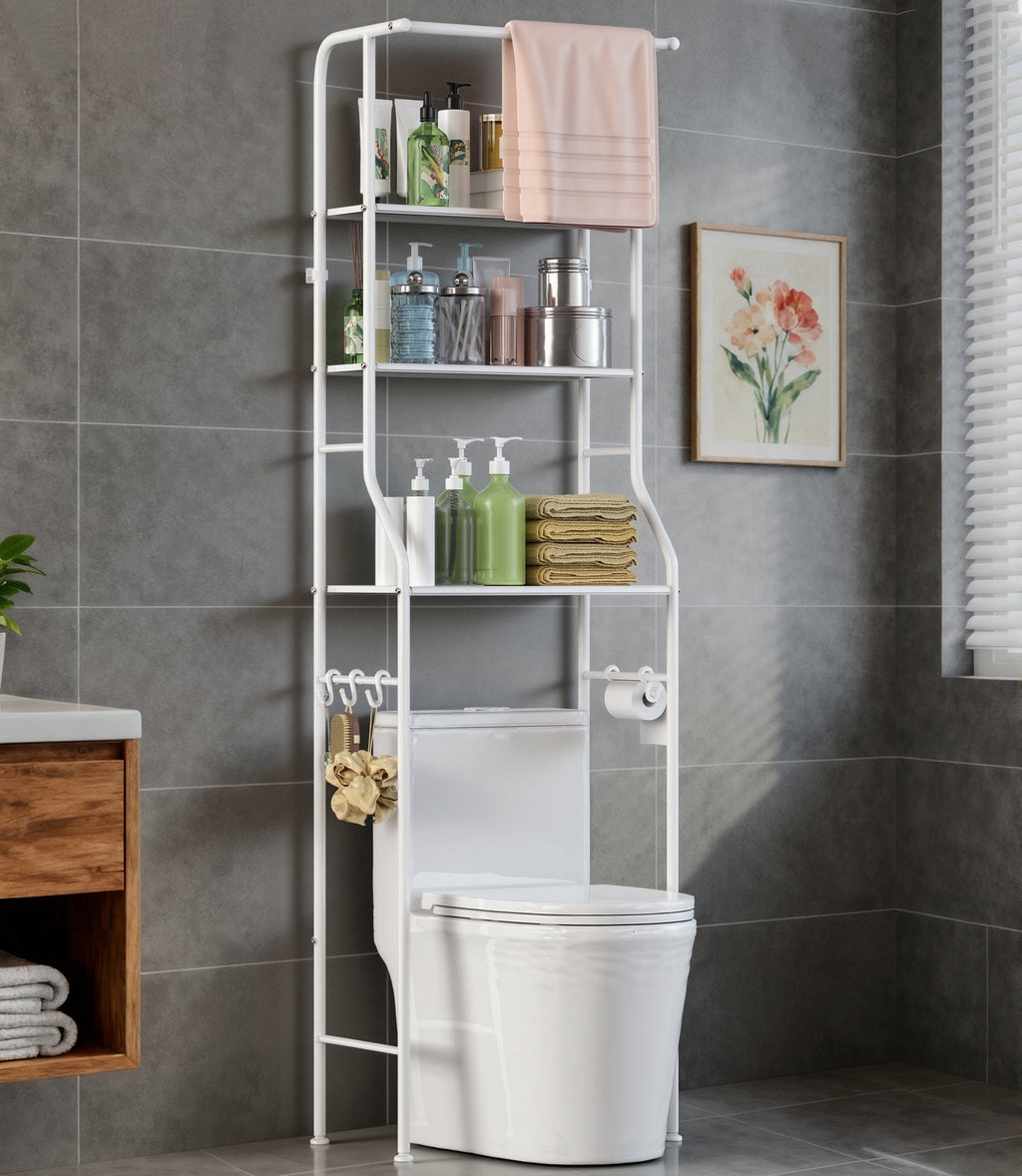 Riousery Over the Toilet Storage Rack, 3 Tier Bathroom Shelf with Hanging Rod, Freestanding Space Saver, White