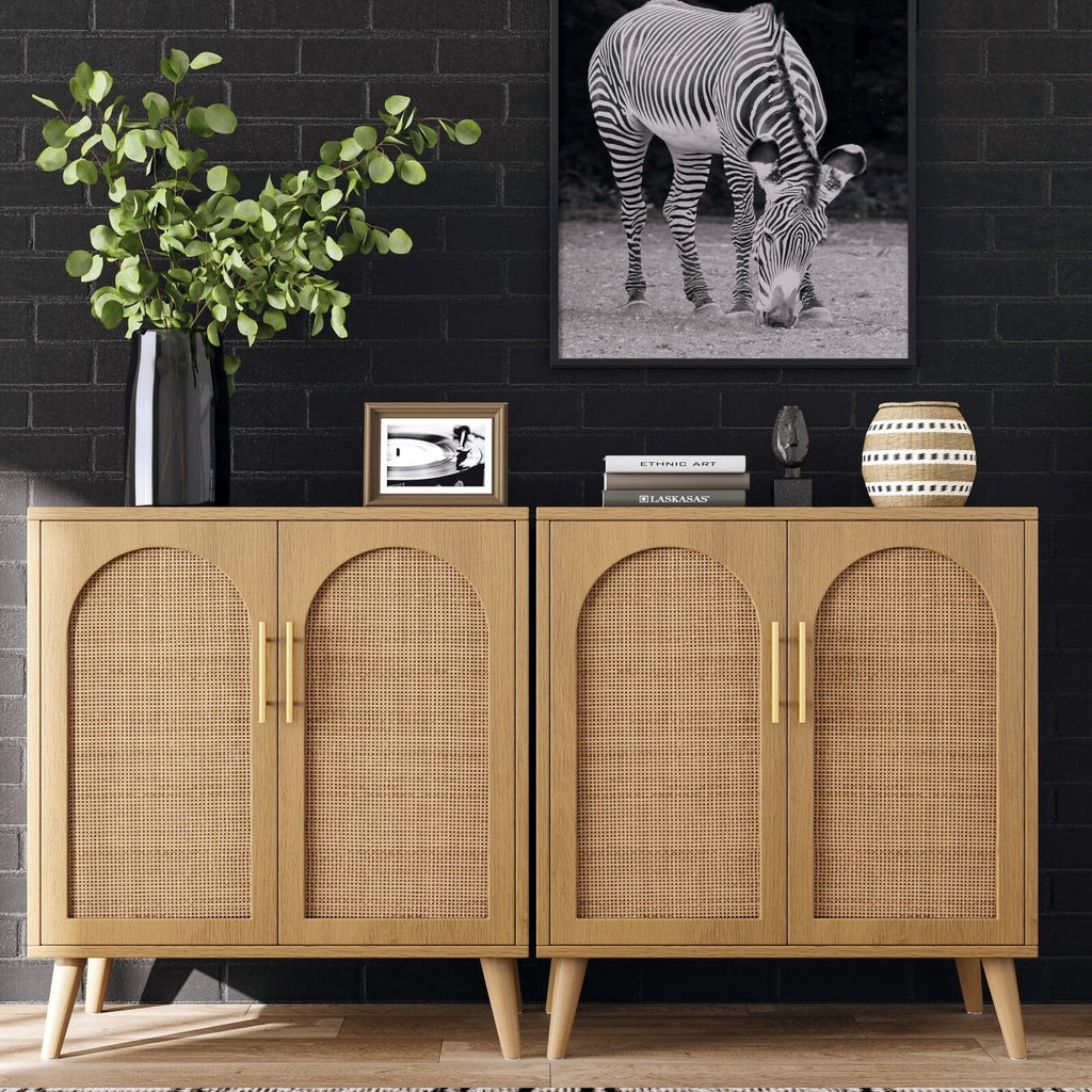 Set of 2 Rattan Storage Cabinet with Doors, Accent Bathroom Floor Cabinet, Modern Sideboard Buffet Cabinet for Living...