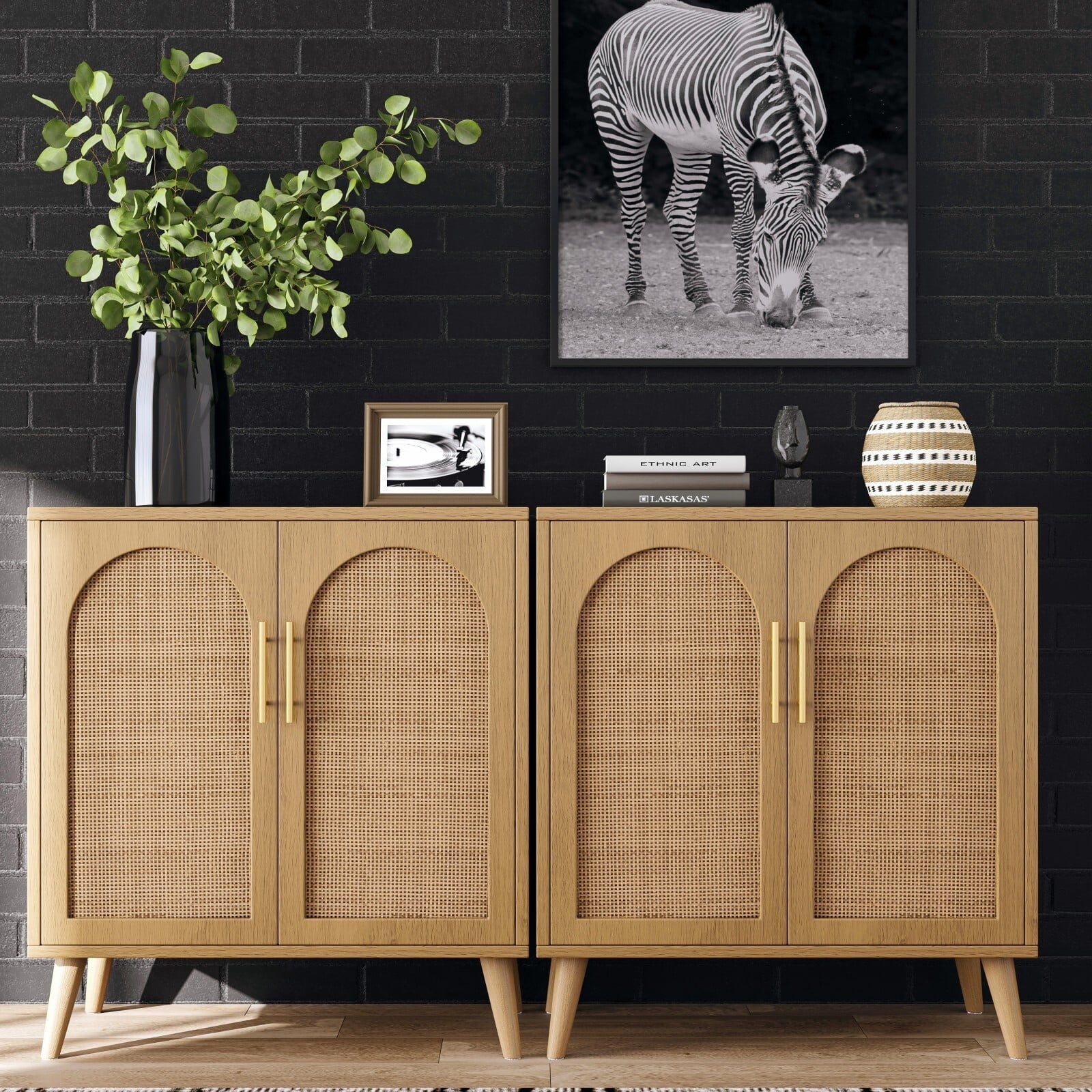 Set of 2 Rattan Storage Cabinet with Doors, Accent Bathroom Floor Cabinet, Modern Sideboard Buffet Cabinet for Living...