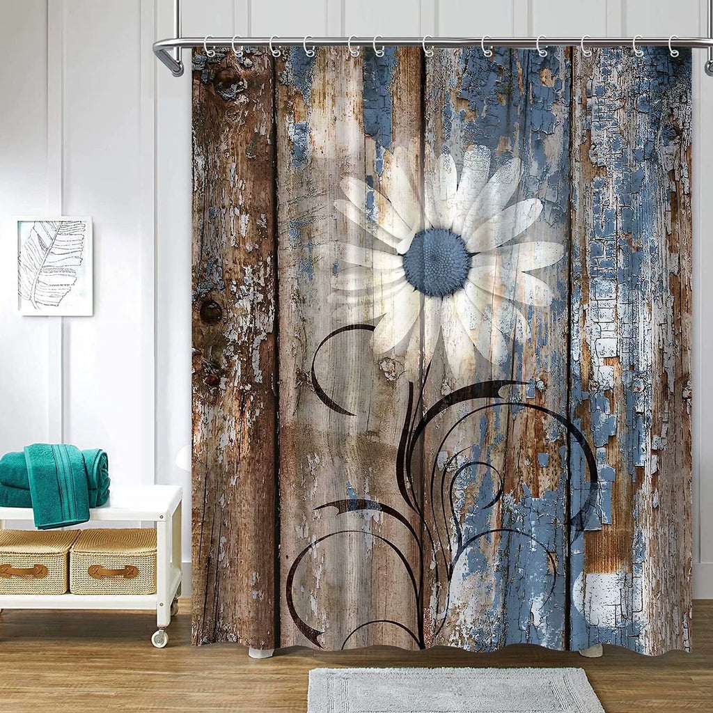 Curtains, Blue Brown Floral Farmhouse Curtains for Bathroom, Spring Country Botanical Bathroom Curtain Sets Waterproo...