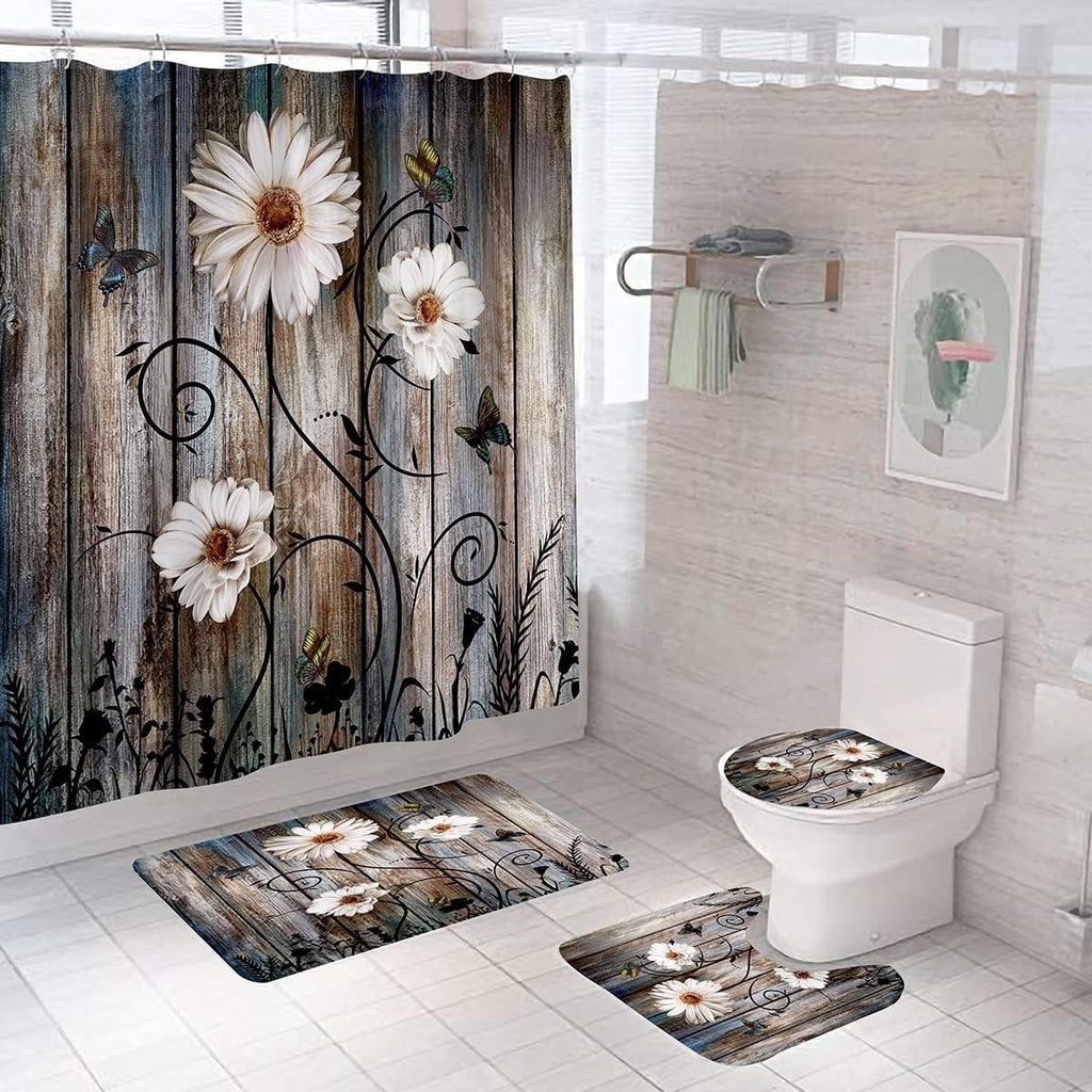 Curtain Set 4, Farm Teal Daisy Floral Bathroom Decor Set with Bath Curtain, Bath Mat, Toilet Lid and U-shaped Rug