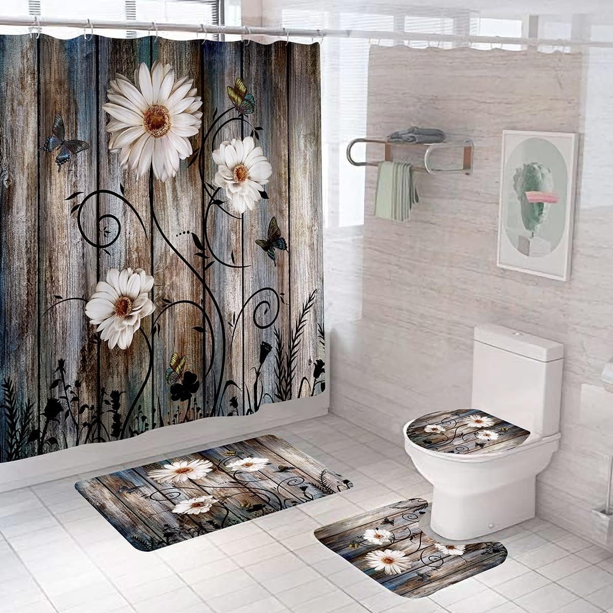 Curtain Set 4, Farm Teal Daisy Floral Bathroom Decor Set with Bath Curtain, Bath Mat, Toilet Lid and U-shaped Rug