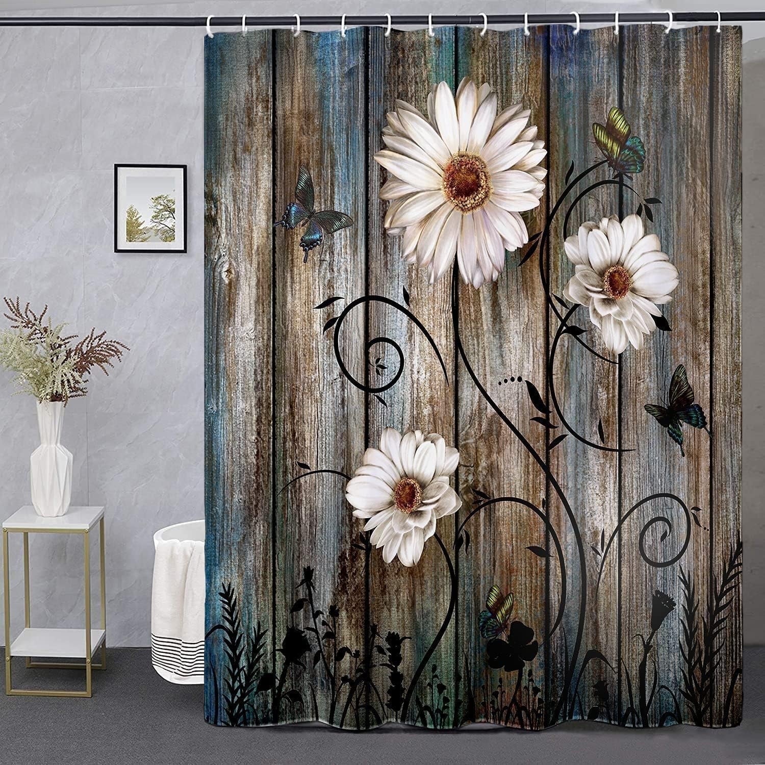Curtain Set Grey Floral Fabric Bath Curtain 12 Hooks Butterfly Daisy American Country Farm Style 72×72 Inches