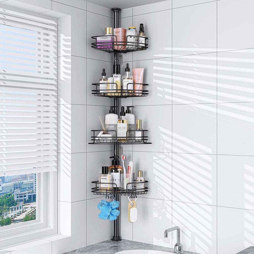 Alupssuc 4-Tier Rustproof Tension Shower Caddy, for Bathtub Shampoo Storage Bathroom Organizer, Adjustable Shower Shelves from 23 to 125 inc
