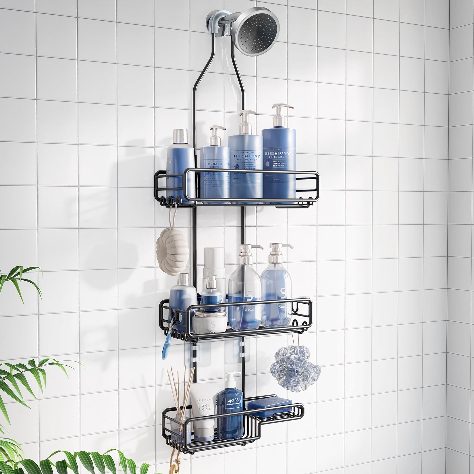 SHINGONE Adjustable over Head Shower Caddy: Hanging Bathroom Organizer for Large Bottles & Tall Showerheads - Rustproof Storage Shelf with S
