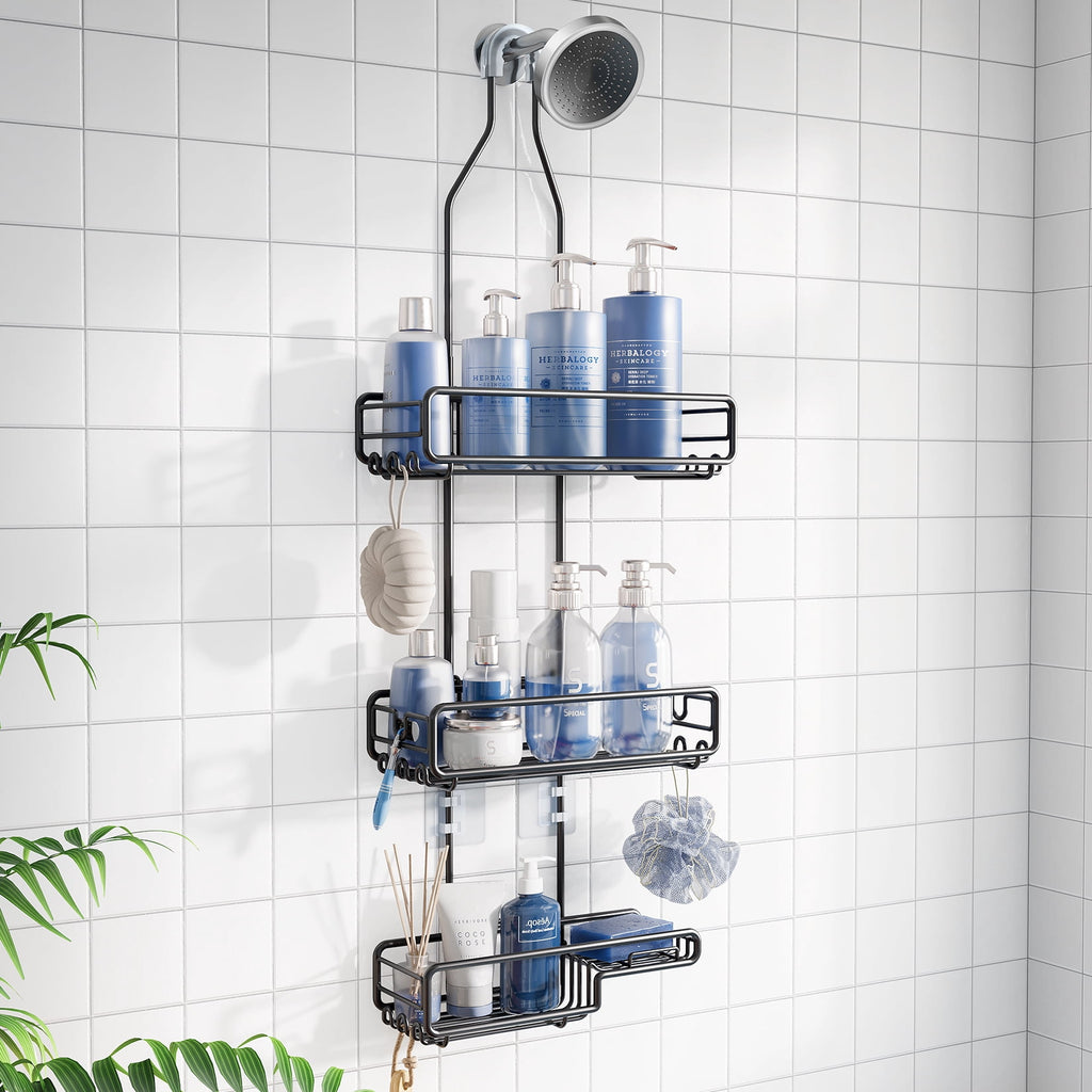 SHINGONE Adjustable over Head Shower Caddy: Hanging Bathroom Organizer for Large Bottles & Tall Showerheads - Rustproof Storage Shelf with S