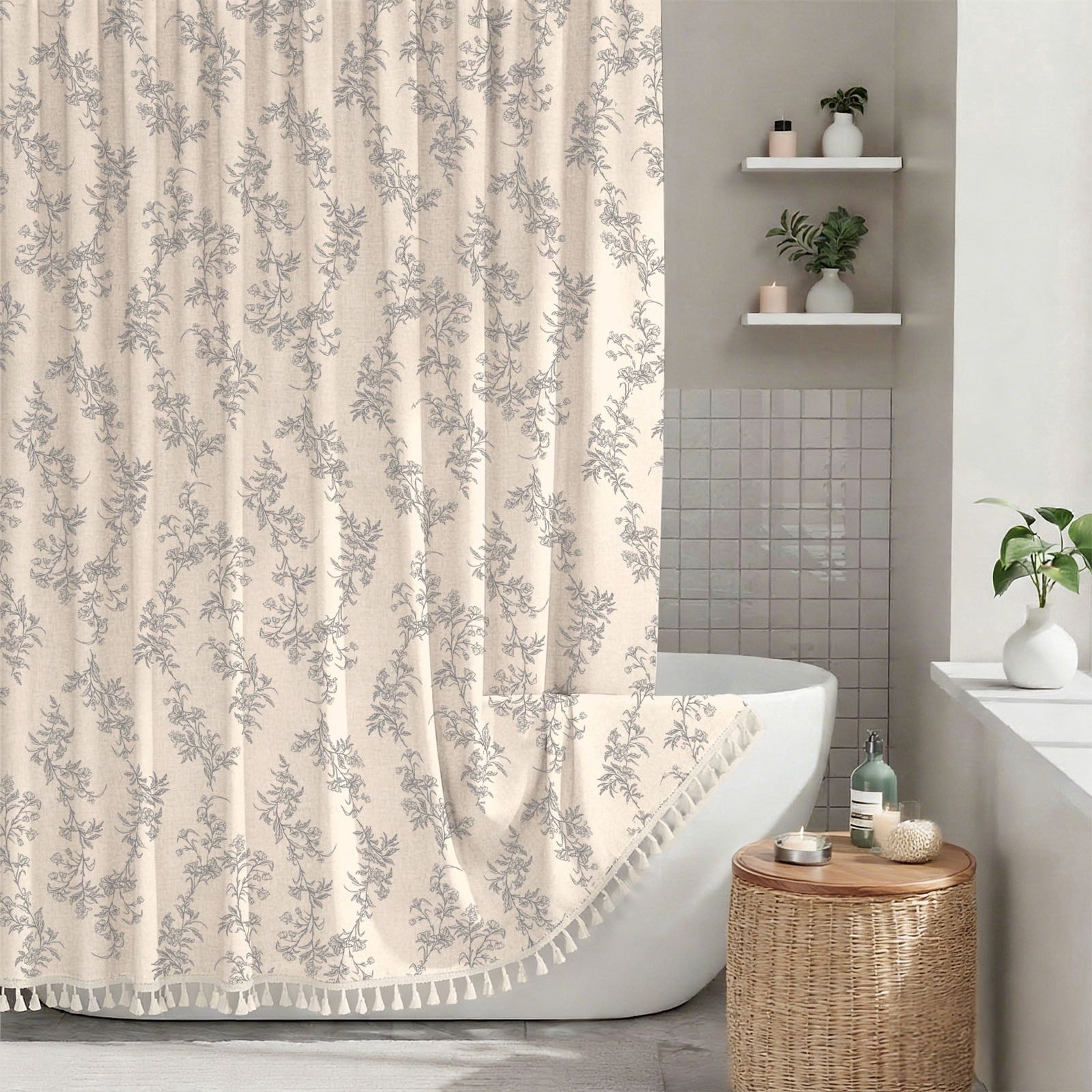 Gray Shower Curtain Floral Plant Shower Curtain Set with Tassels, Heavy Duty Faux Cotton Linen Cottagecore Boho Vinta...