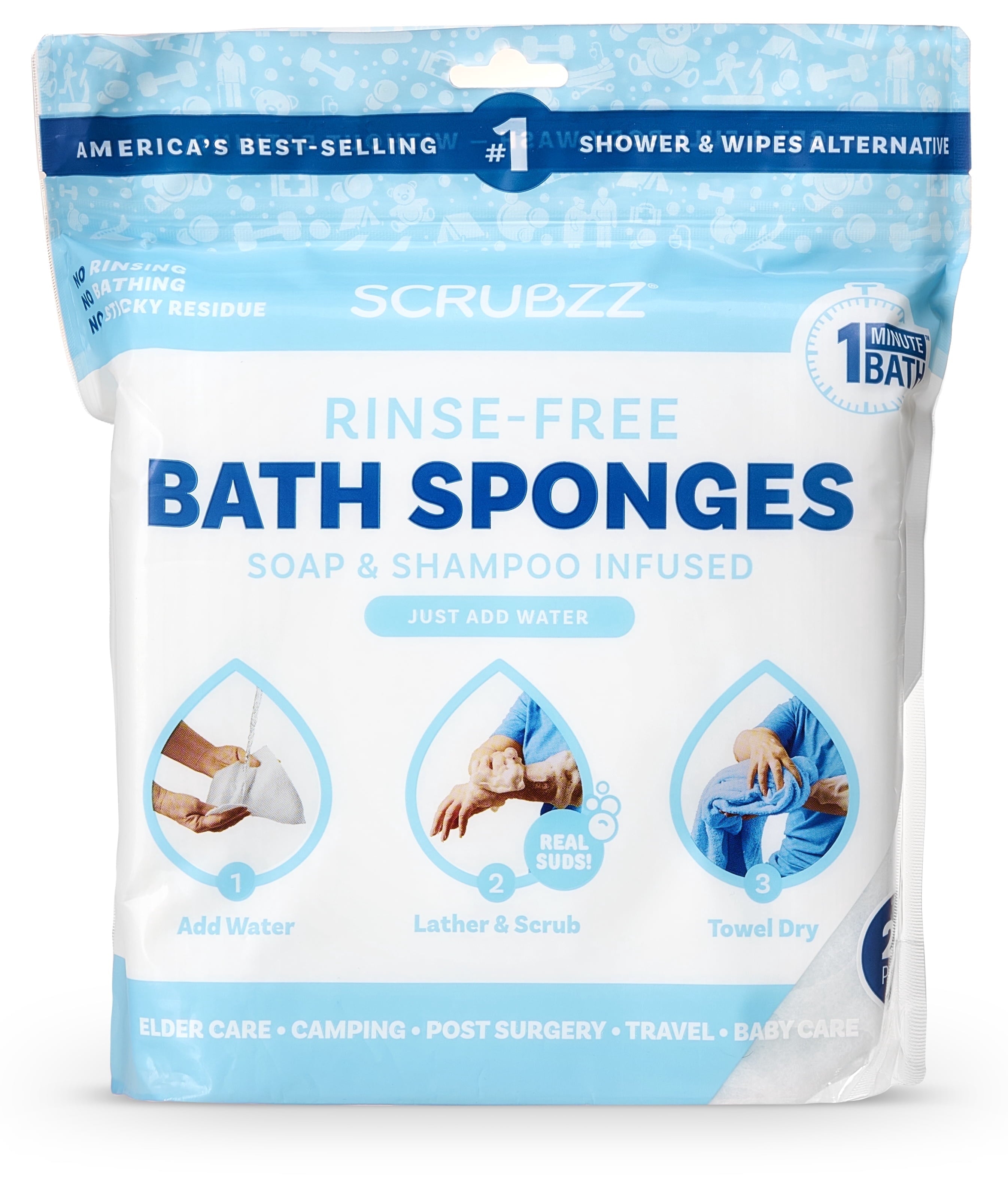 Scrubzz Rinse Free Bath Sponge, No Rinse Bath Wipes - 25 Count - 1 Pack