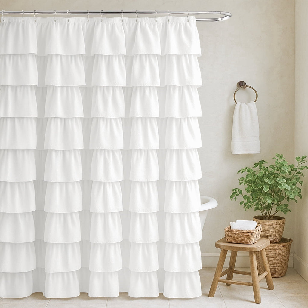 Seasonwood White Ruffle Shower Curtain,Farmhouse Fabric Bathroom Curtain,72" x 72"