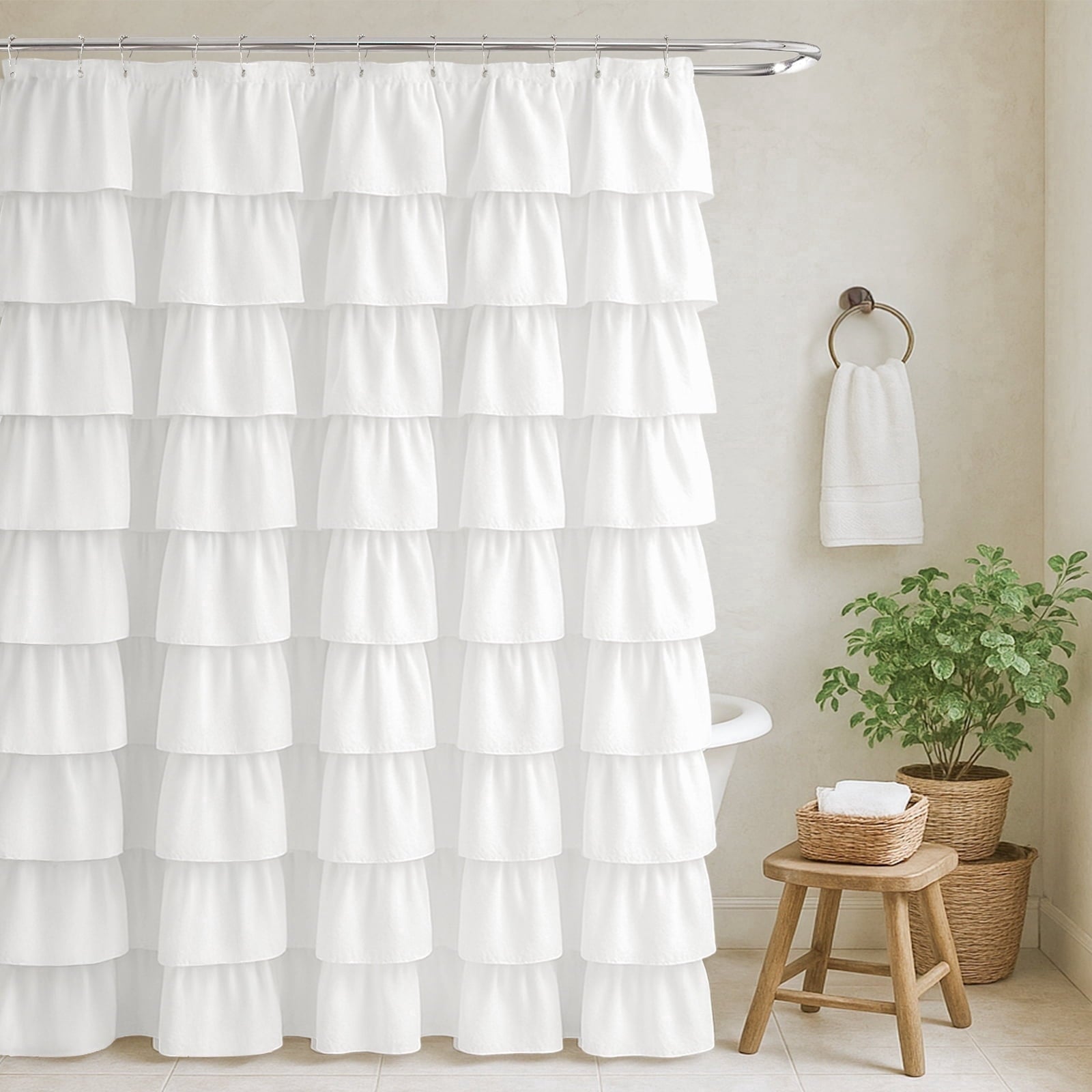 Seasonwood White Ruffle Shower Curtain,Farmhouse Fabric Bathroom Curtain,72" x 72"