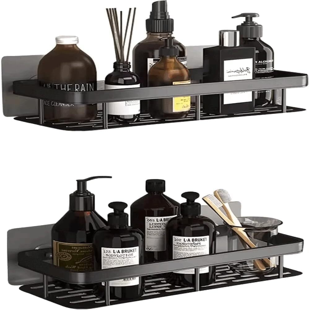 2 Pack Adhesive Organizer, Rustproof Metal Shelves, No-Drill Bathroom Organizers and Storage, Black