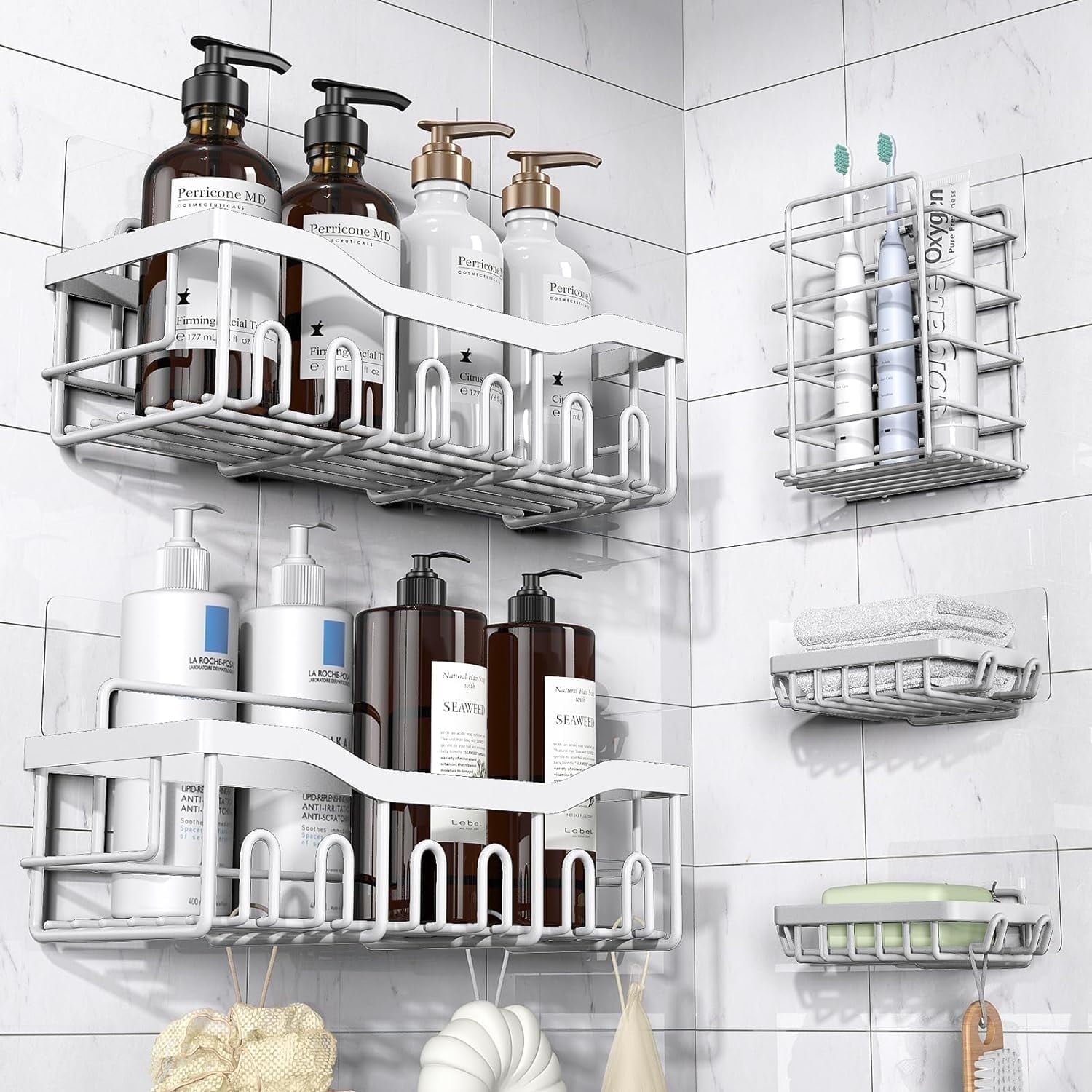 Shower Caddy 5 Pack,Adhesive Shower Organizer for Bathroom Storage&Home Decor&Kitchen,No Drilling,Large Capacity,Rustproof Stainless Steel B
