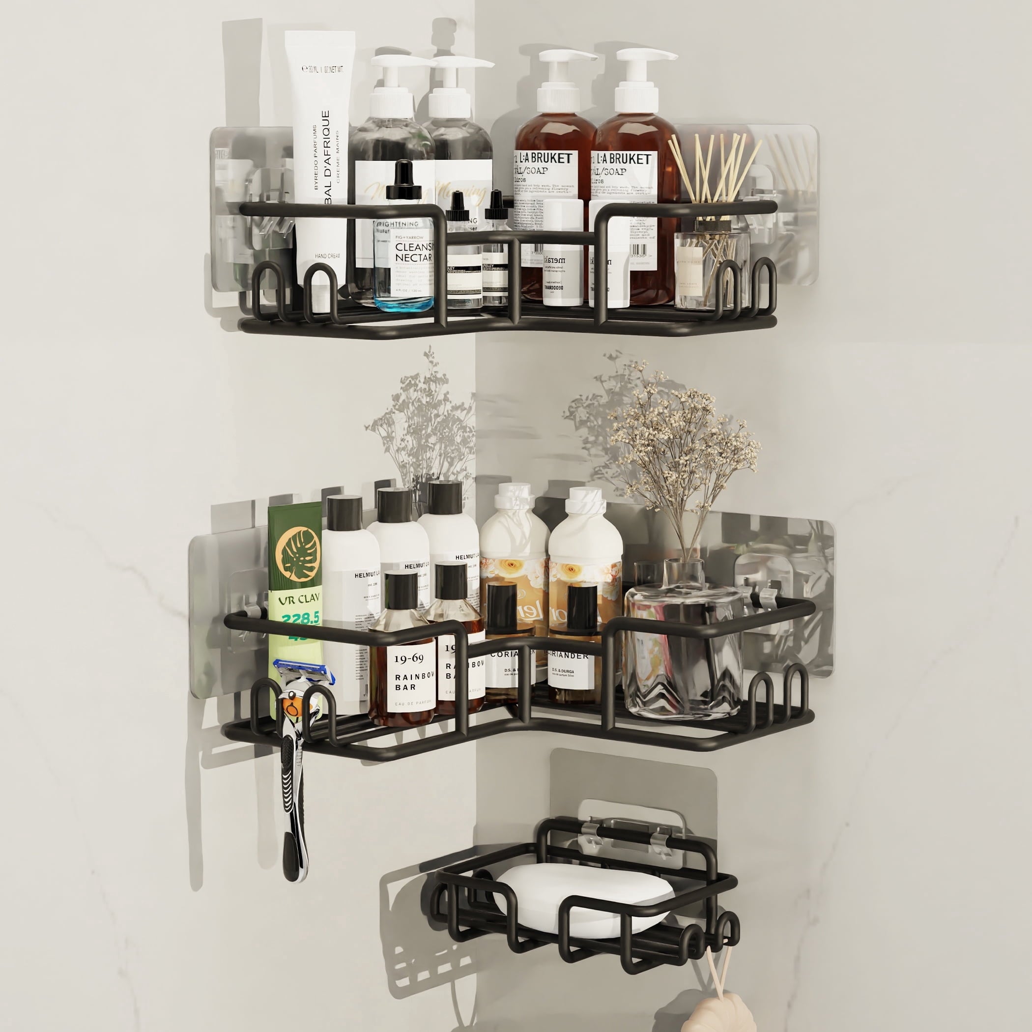 Caddy, 2-Pack No Drill Adhesive Organizer with Soap Dish, Space-Saving Bathroom/Kitchen Storage Shelf for (90° Angle ...
