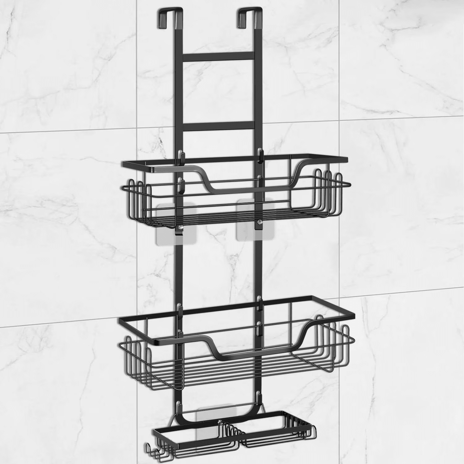 the Door 3-Tier Hanging Organizer Storage Rack Sturdy Waterproof Shelf Basket with 4 Fixed Hooks & 2 Soap Holders No ...