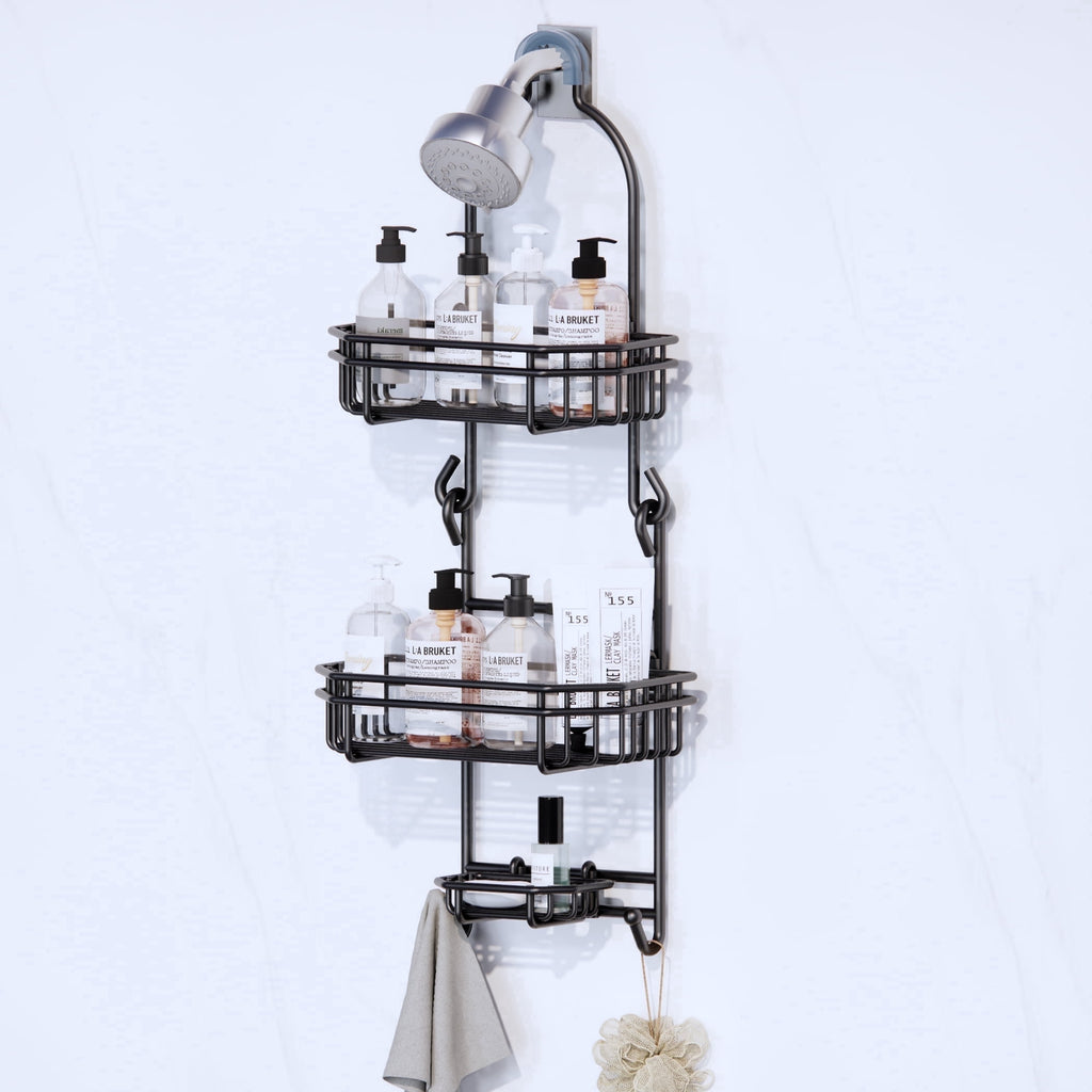 Topritt Shower Caddy - Hanging Over Shower Head, Fits 1" Standard Pipe, Large Storage for Shampoo & Soap Holder, No-Drill, Black