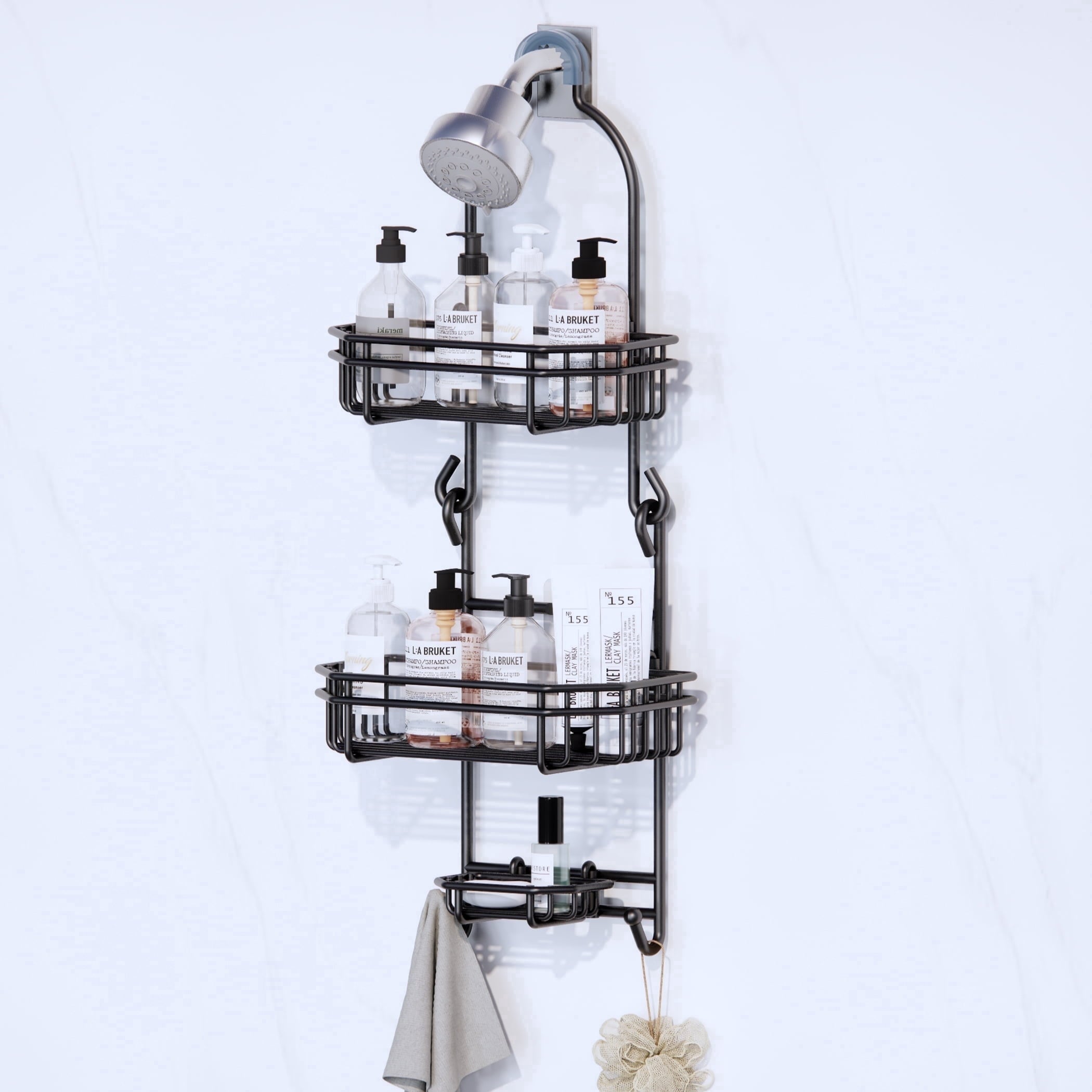 Topritt Shower Caddy - Hanging Over Shower Head, Fits 1" Standard Pipe, Large Storage for Shampoo & Soap Holder, No-Drill, Black
