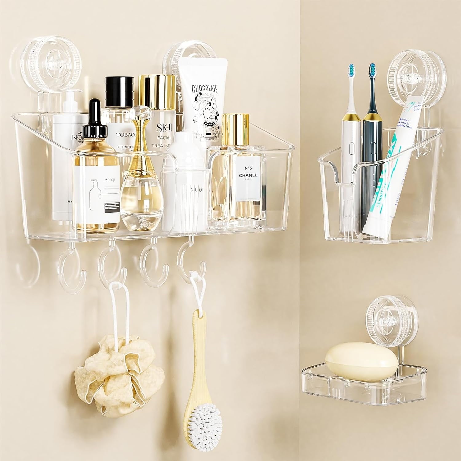 LUXEAR 3 Pack Shower Caddy Suction Cup, No-Drilling One Second Installation Shower Caddy, Clear Soap Dish and Toothbrush Holder, Waterproof