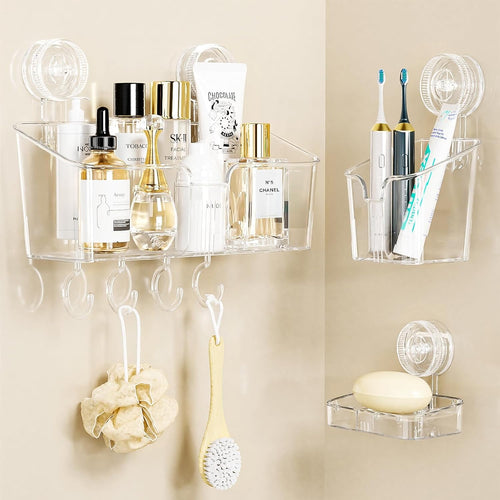 LUXEAR 3 Pack Shower Caddy Suction Cup, No-Drilling One Second Installation Shower Caddy, Clear Soap Dish and Toothbrush Holder, Waterproof