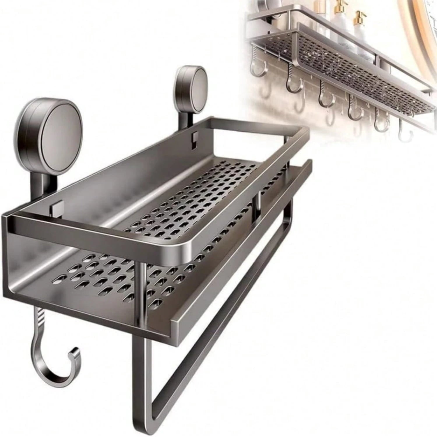 Shower Caddy Suction Cup Large Capacity Wall-Mounted Shower Shelves with Hooks, Rustproof & Fast Draining Heavy Duty Bathroom Shelves for Ki