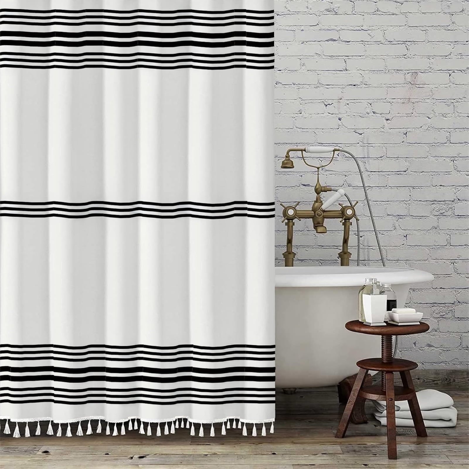 Striped with Tassel Modern Bathroom s, Fabric Black and White Waterproof, 12 pcs Hooks,72x72 inch