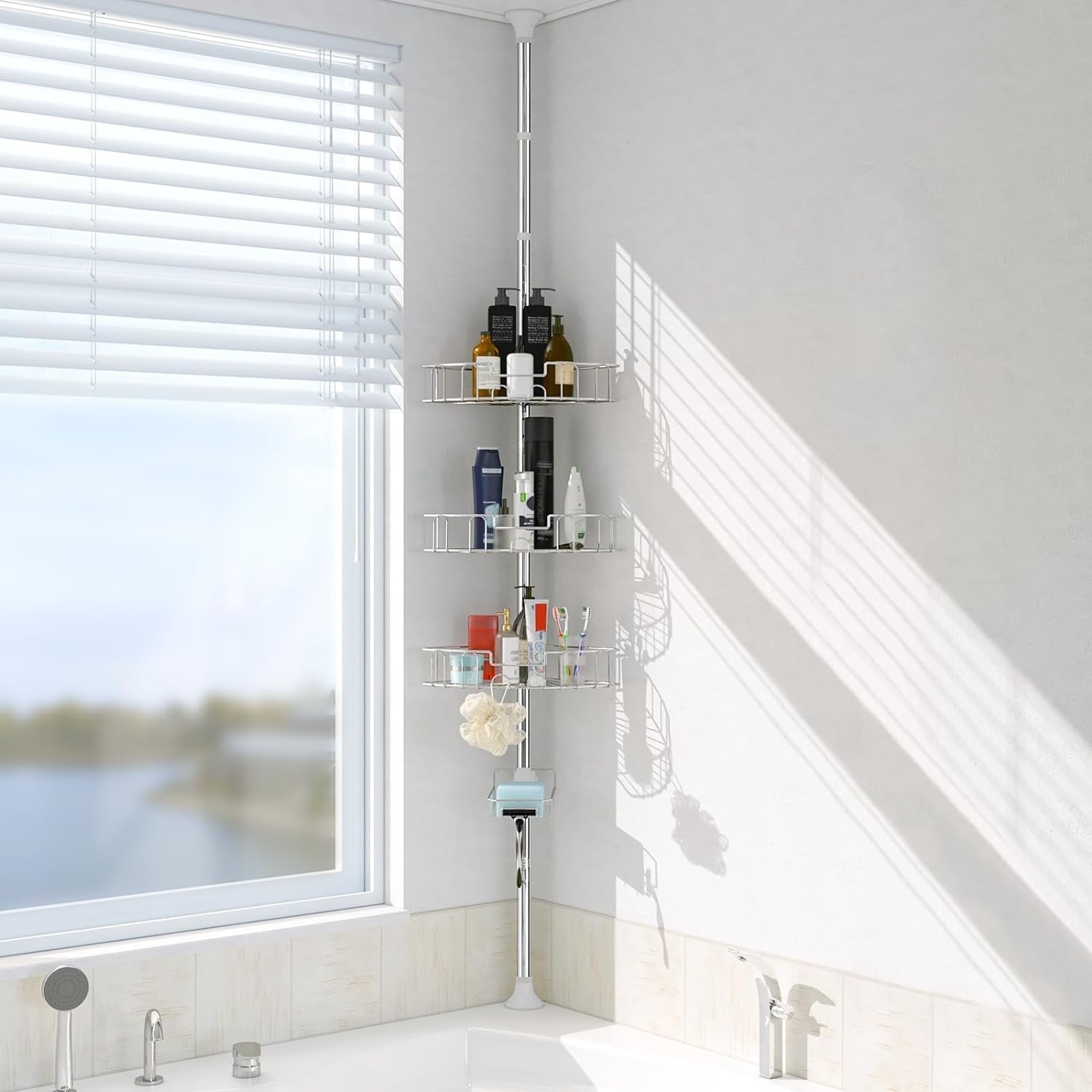 Caddy 39-125" Stainless Steel Shelves Rack for Inside Bathroom Bathtub Caddy Rustproof Tension Pole Silver