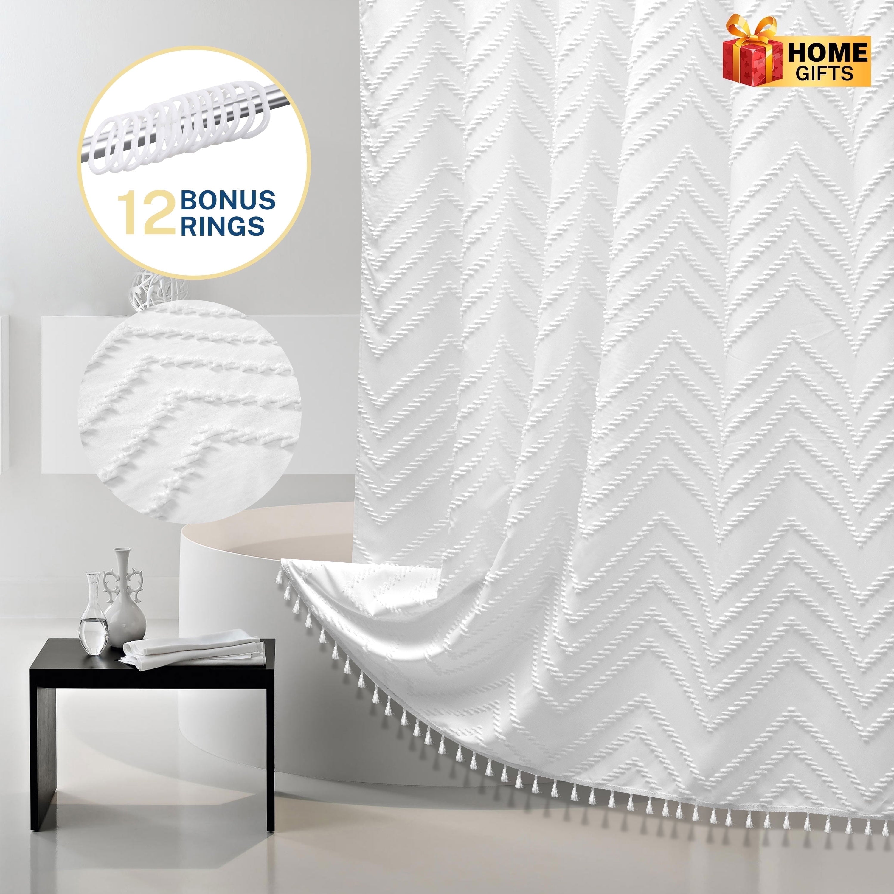 White Fabric Shower Curtains , Mildew-Resistant,Weighted-Hem Boho Bathroom Curtain,Water-Repellent, Machine-Washable,...