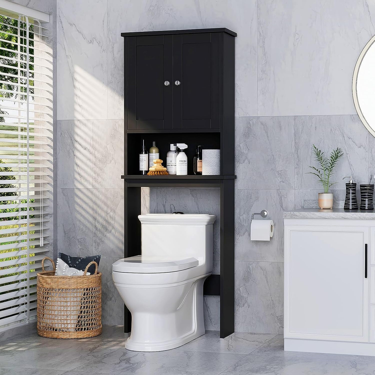 Sobaniilo Over The Toilet Storage Cabinet, Bathroom Storage Organizer Over Toilet, Space Saver W/Adjustable Shelf & Open Storage Shelf, Blac