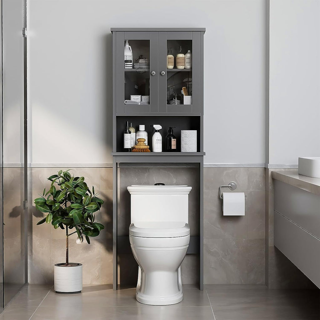 Sobaniilo Over The Toilet Storage Cabinet for Bathroom, Storage Organizer Over Toilet, Space Saver with Tempered Glass Doors, Gray