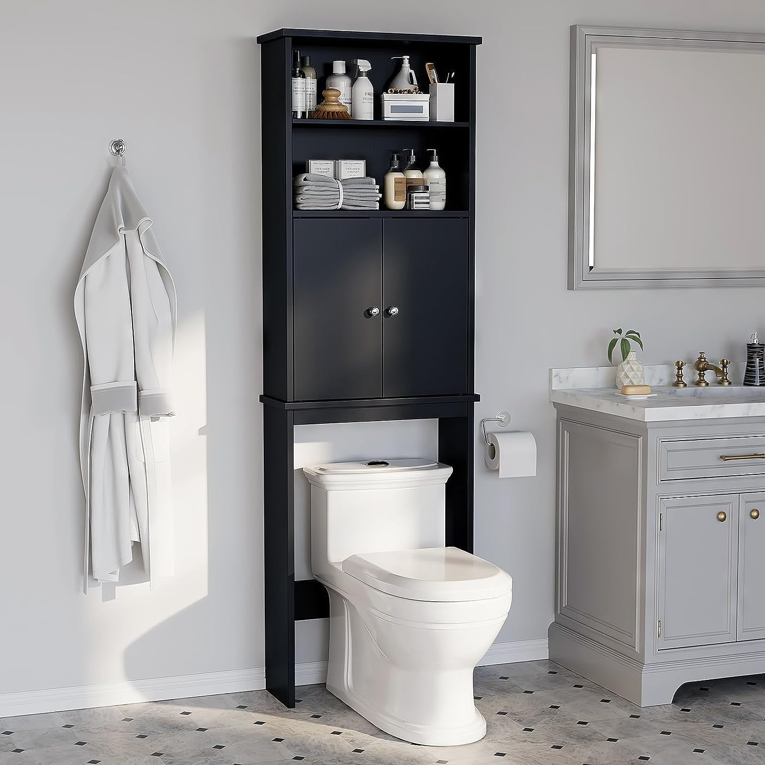 The Toilet Storage Cabinet for Bathroom, Storage Organizer Toilet, Space Saver W/Adjustable Shelf & Open Storage Shel...