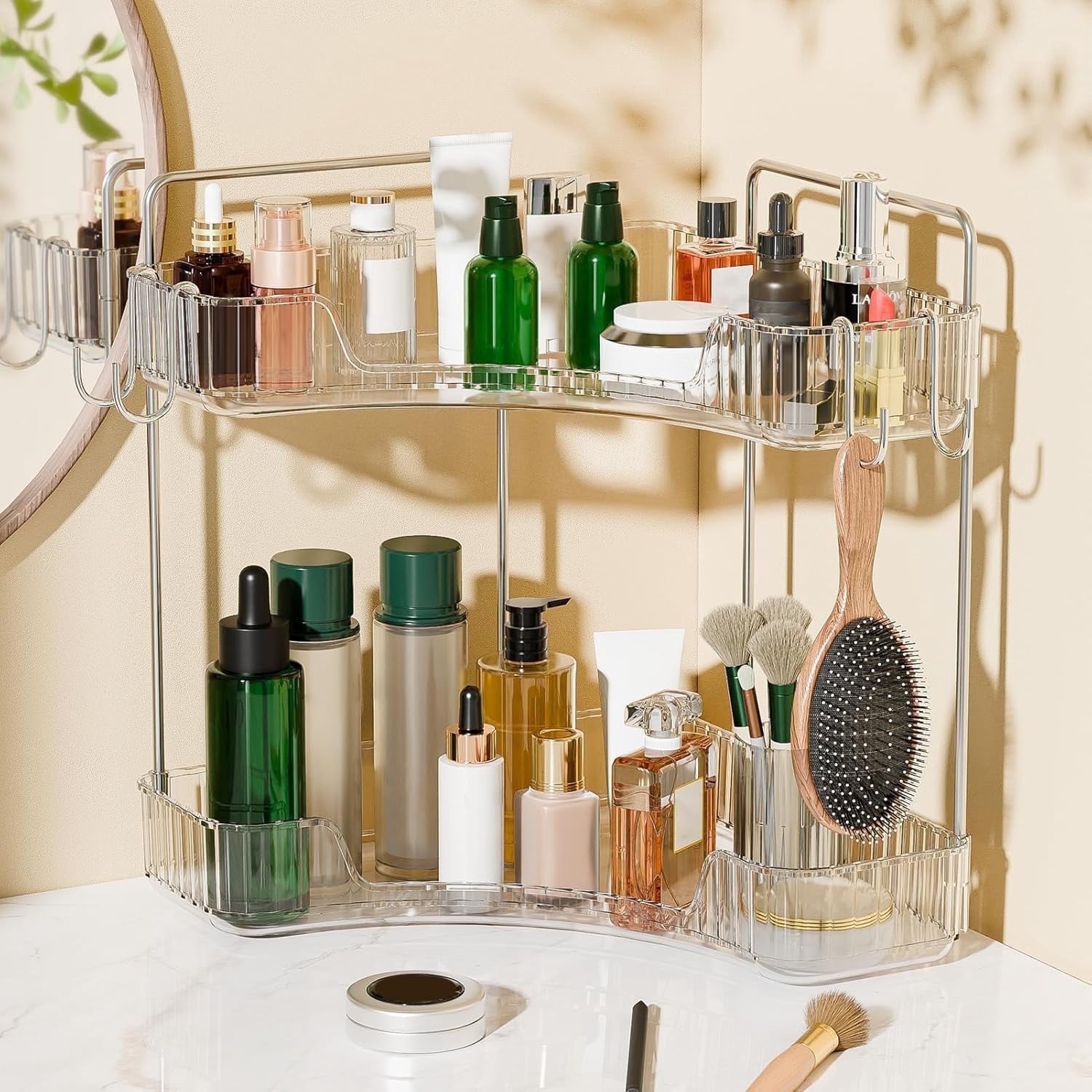 2 Bathroom Counter Organizer Countertop,Plastic Bathroom Counter Organizer, Vanity Tray Sink Shelf with Hooks, for Ma...