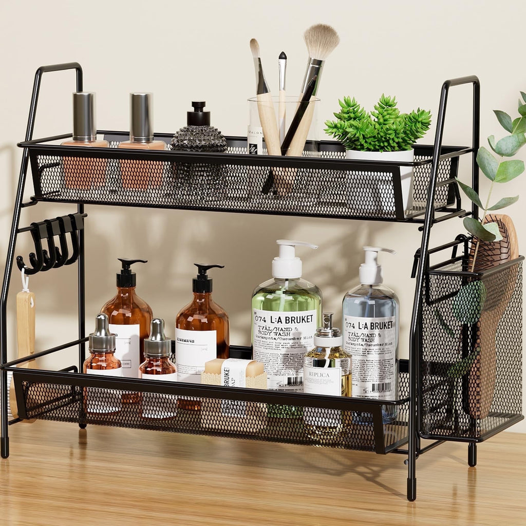 2-Tier Bathroom Organizer Countertop, Metal Wire Mesh Bathroom Counter Organizer Storage with Basket Hooks