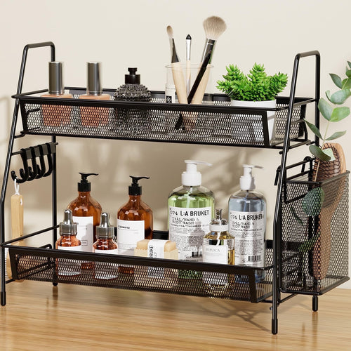 2-Tier Bathroom Organizer Countertop, Metal Wire Mesh Bathroom Counter Organizer Storage with Basket Hooks