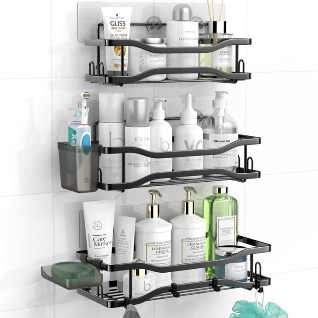 Bathroom Shower Caddy , 3 Pack Stainless Steel Adhesive Shelves with Hooks, Toothpaste & Soap Holder, No Drilling Rus...