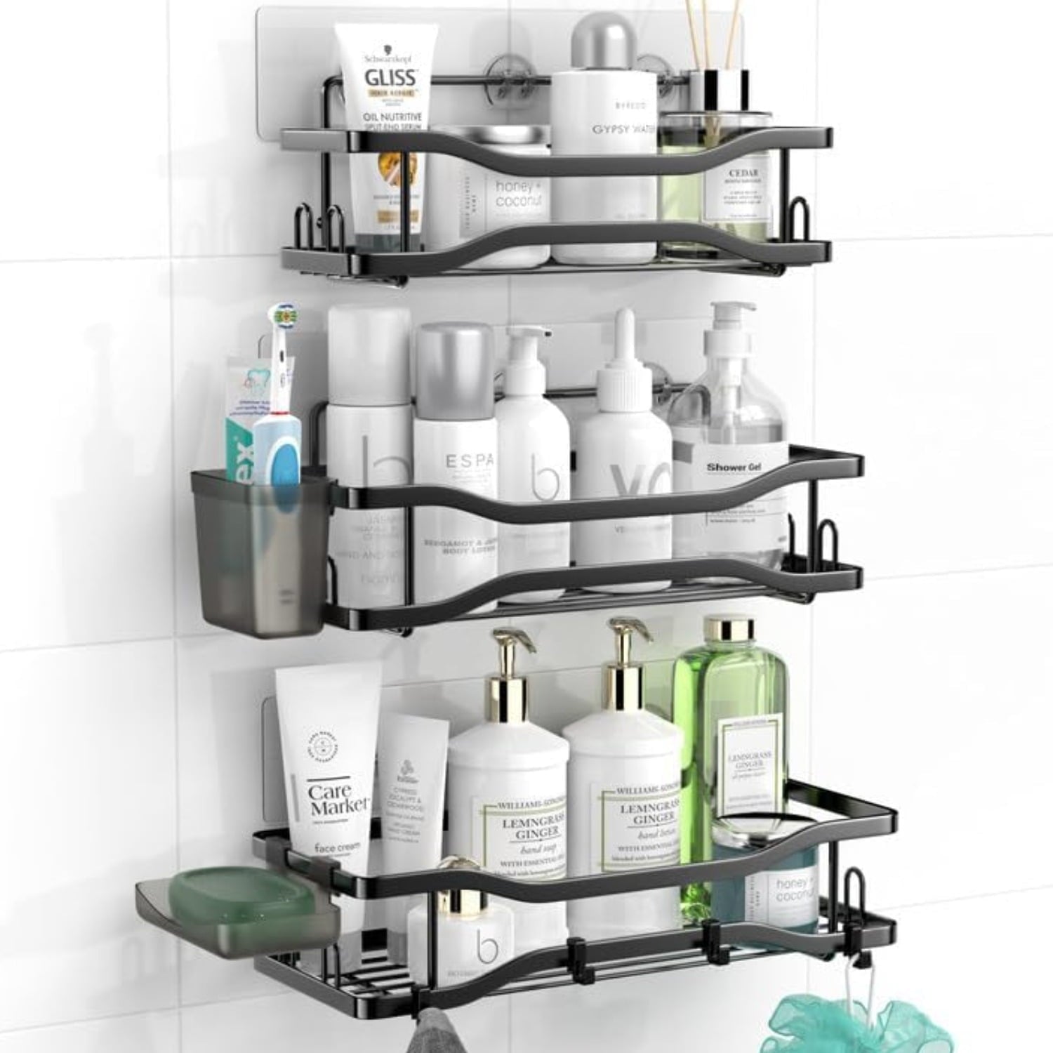 Bathroom Shower Caddy , 3 Pack Stainless Steel Adhesive Shelves with Hooks, Toothpaste & Soap Holder, No Drilling Rus...