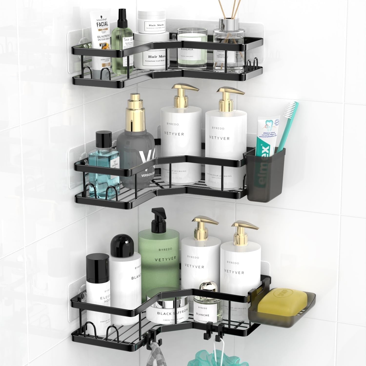TINANA Corner Shower Caddy, 3 Pack Adhesive Shower Corner Organizer Shelves, Stainless Steel Shower Storage Rack with Hooks, Toothpaste & So