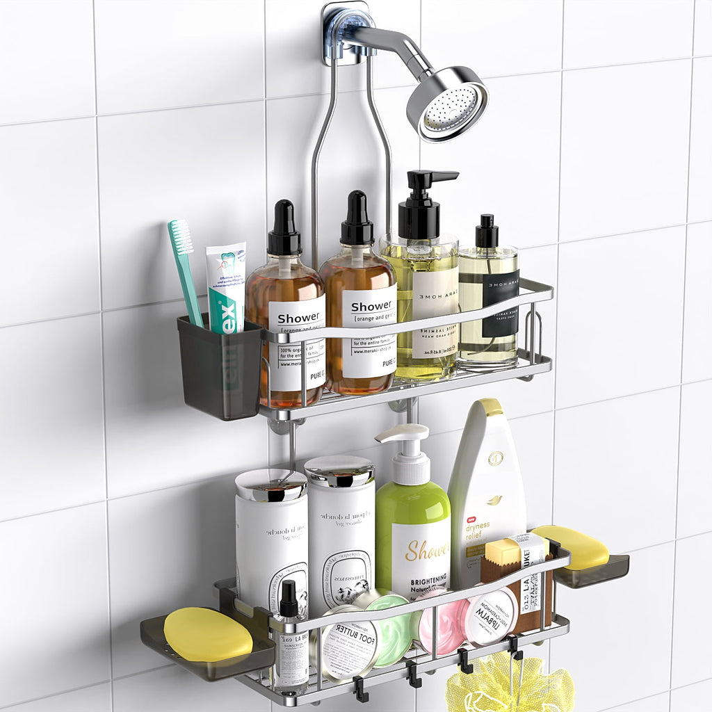 TINANA Hanging Shower Caddy, Rustproof Shower Shelf Racks Over Shower Head - No Drilling Bathroom Organizer for Shampoo with Soap Holder-Sil