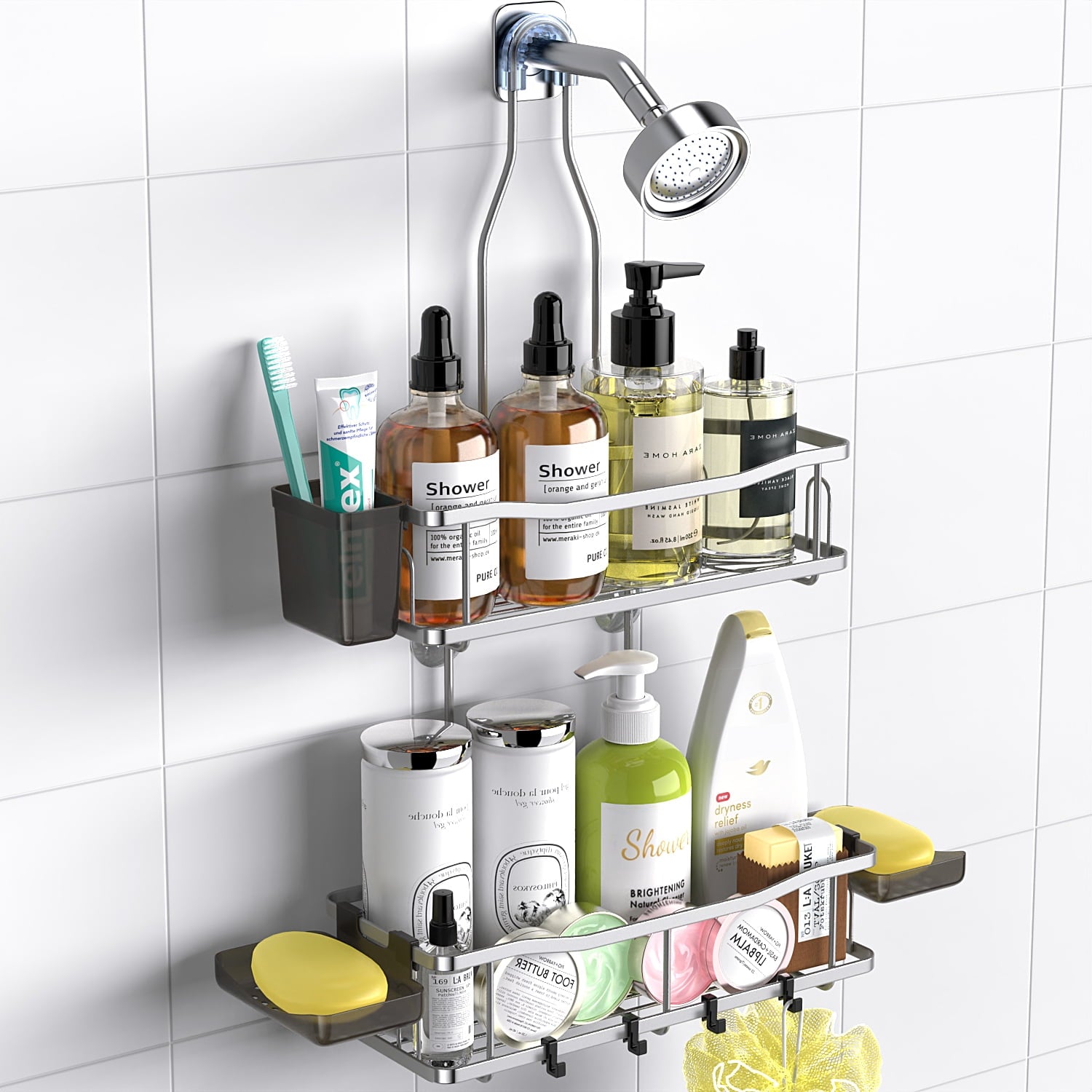 TINANA Hanging Shower Caddy, Rustproof Shower Shelf Racks Over Shower Head - No Drilling Bathroom Organizer for Shampoo with Soap Holder-Sil