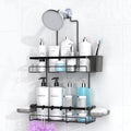 over Head: Stainless Steel Bathroom Organizer for Shampoo with Soap Holder, Hooks, Toothbrush Holder- Black