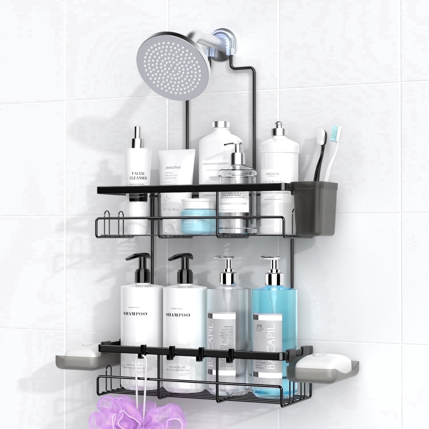 over Head: Stainless Steel Bathroom Organizer for Shampoo with Soap Holder, Hooks, Toothbrush Holder- Black