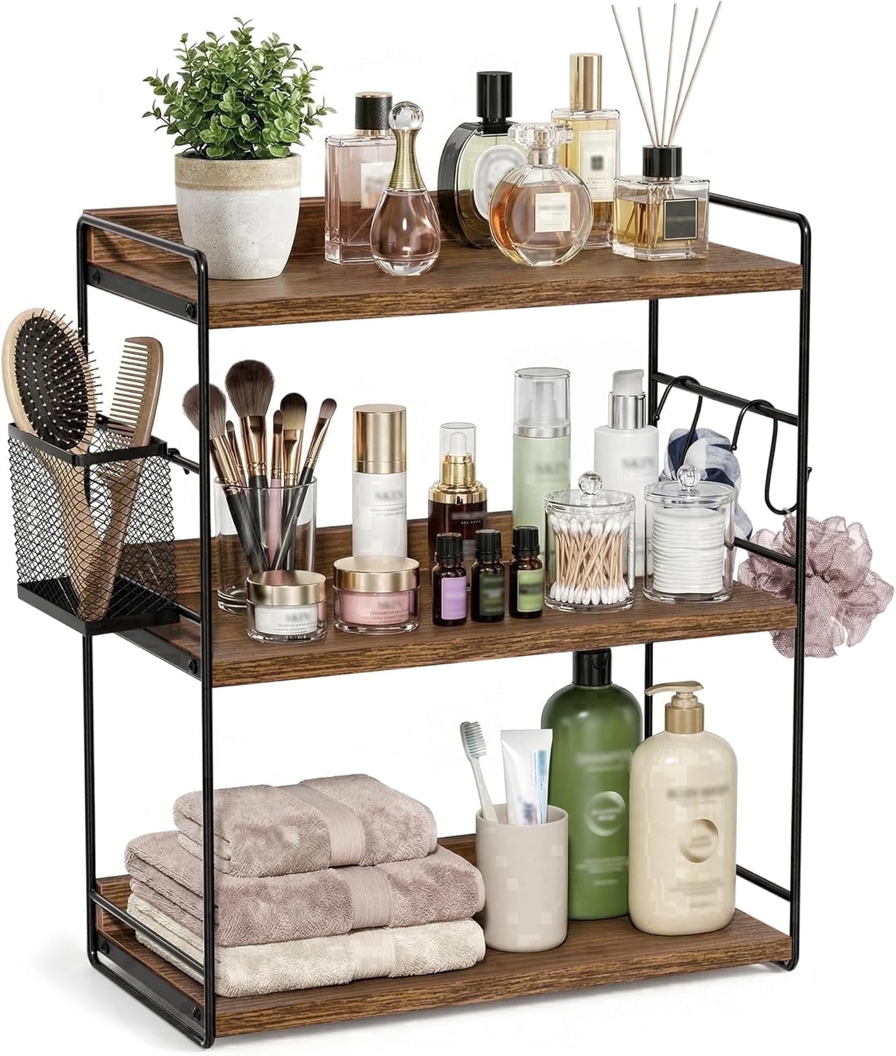 3-Tier Bathroom Counter Organizer with Basket, Vanity Organizer Counter Shelf for Skincare & Makeup Storage, Wood Cou...