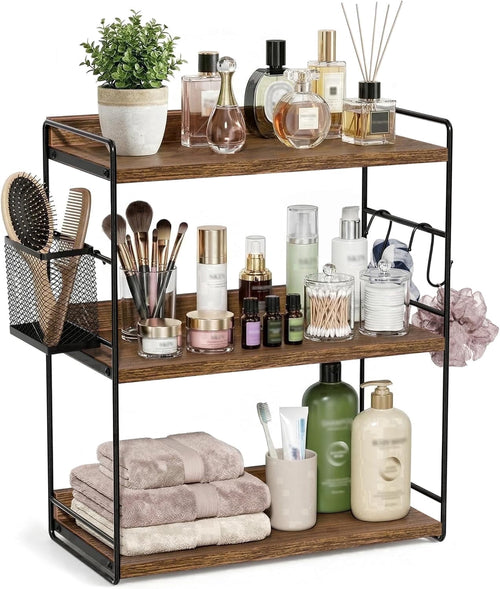 3-Tier Bathroom Counter Organizer with Basket, Vanity Organizer Counter Shelf for Skincare & Makeup Storage, Wood Cou...