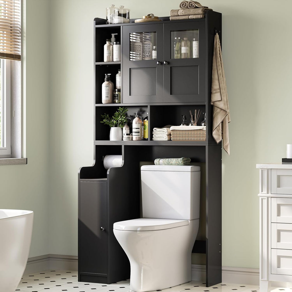 The Toilet Storage Cabinet with 3 Doors, Farmhouse Space Saver for Bathroom Organizer with Paper Holder, 10 Shelves a...