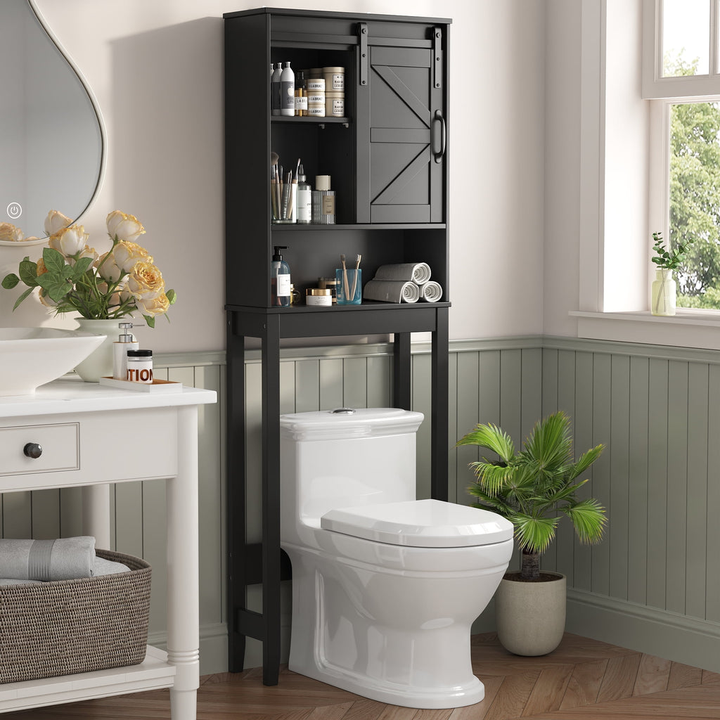 the Toilet Storage Cabinet, Rustic Storage Cabinet Toilet with Sliding Barn Door & Adjustable Shelves, Farmhouse Spac...