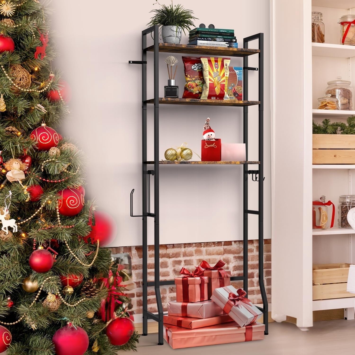 Over The Toilet Storage Shelf, 3-Tier Bathroom Organizer with Toilet Paper Holder and 3 Hooks, Freestanding Shelving for Restroom, Laundry,