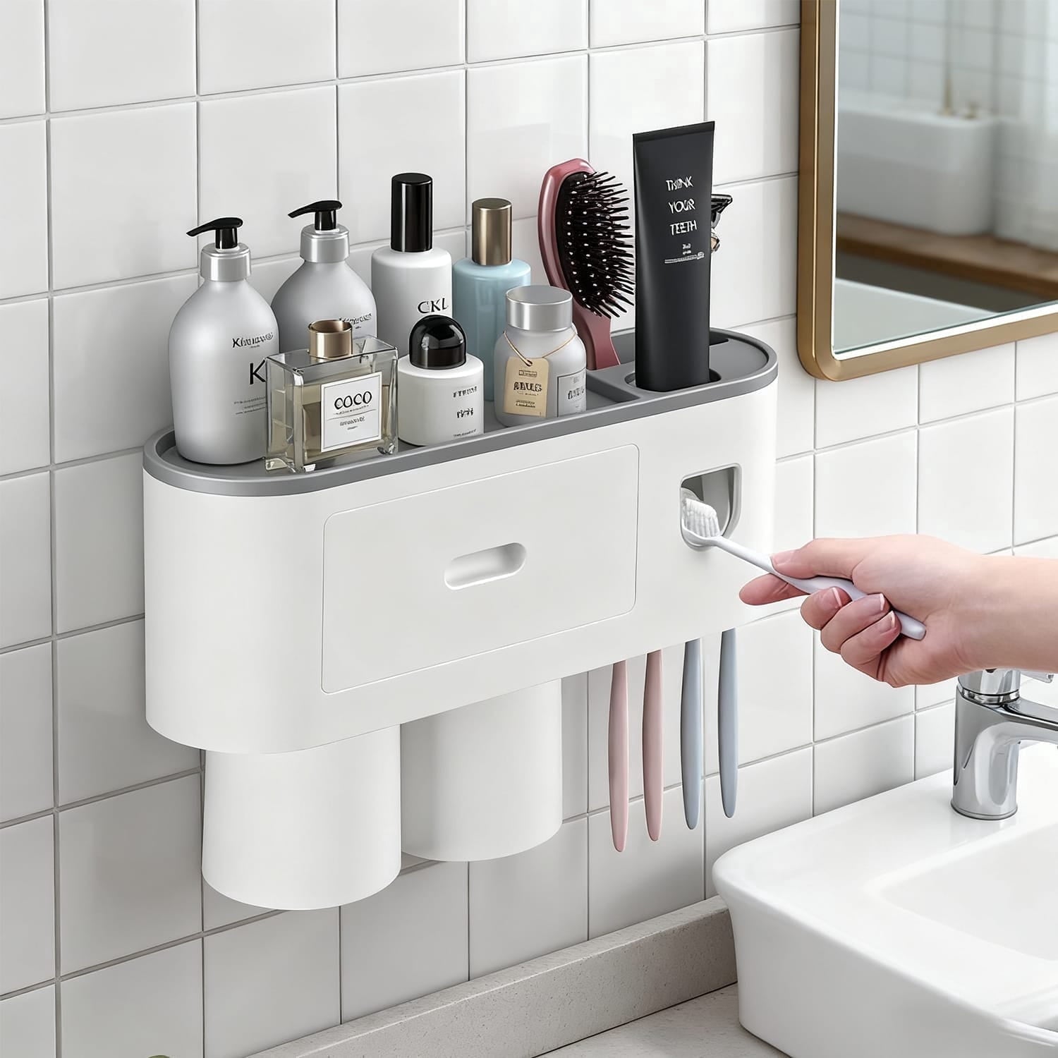 for Bathroom, Toothpaste and Dispenser,Wall Mounted Cup with Brush Sink, Cup, Cosmetic Drawer and Storage Tray White